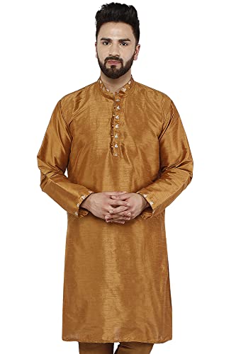 SKAVIJ Männer Tunika Kunst Seide Kurta Ethnische Indische Lange Lässig Hemd Party Kleid (Small, Braun) von SKAVIJ