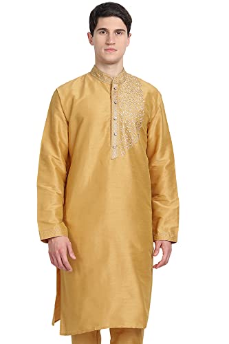 SKAVIJ Männer Tunika Kunst Seide Langes Hemd Bestickt Beiläufig Kurta Kleid (Large, Gold) von SKAVIJ