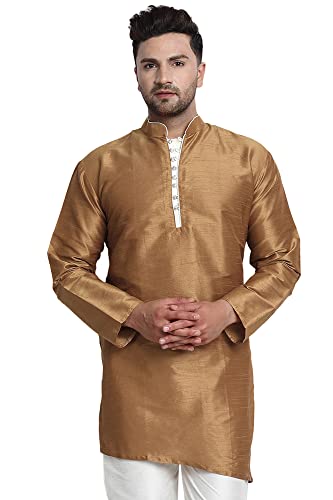 SKAVIJ Männer Tunika Top Kunst Seide Lange Kurta Indische Hochzeit Lässig Hemd Kleid (Large, Braun) von SKAVIJ