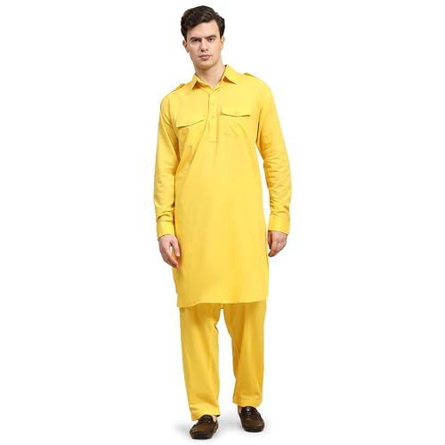 SKAVIJ Männer aus Baumwolle Pathani Kurta-Pyjama-Set indischen Sommerkleid Outfit Set Set (große, Gold) von SKAVIJ