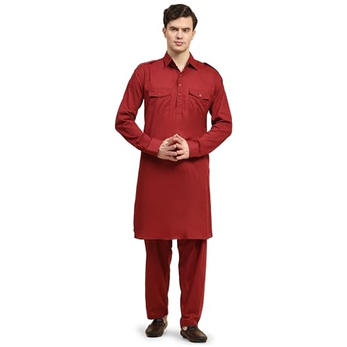 SKAVIJ Männer aus Baumwolle Pathani Kurta-Pyjama-Set indischen Sommerkleid Outfit Set Set (x-Large, rot) von SKAVIJ