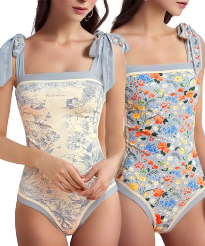 SKAYS Wendbarer Badeanzug mit Blumenmuster, für Damen, Vintage-Stil, niedlich, mit verstellbaren Trägern, Blau, 36-38 von SKAYS