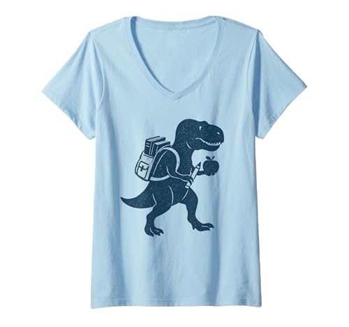 Damen Dinosaurier Back to School Dino-Rucksack Lehrer Schüler Kinder T-Shirt mit V-Ausschnitt Damen Dinosaurier Back to School Dino-Rucksack Lehrer Schüler Kinder T-Shirt mit V-Ausschnitt von SKBD Tees