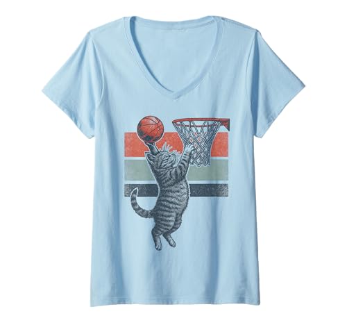 Damen Lustige Katze Basketball Retro Stil T-Shirt mit V-Ausschnitt Damen Lustige Katze Basketball Retro Stil T-Shirt mit V-Ausschnitt von SKBD Tees