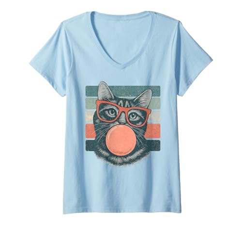 Damen Lustige Katze Bubble Gum Süße Katze Retro T-Shirt mit V-Ausschnitt Damen Lustige Katze Bubble Gum Süße Katze Retro T-Shirt mit V-Ausschnitt von SKBD Tees