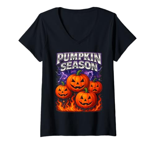 Damen Pumpkin Season Fall Funny Meme Bootleg Y2K Halloween Grafik T-Shirt mit V-Ausschnitt Damen Pumpkin Season Fall Funny Meme Bootleg Y2K Halloween Grafik T-Shirt mit V-Ausschnitt von SKBD Tees