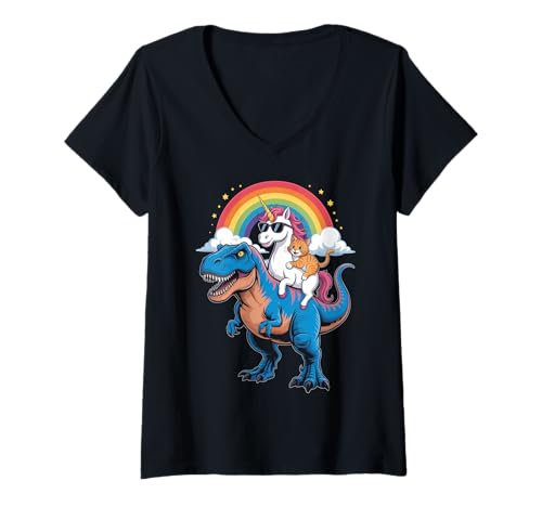 Damen Regenbogen Einhorn Katze reitend Dinosaurier Weltraum Kätzchen T-Rex Magic T-Shirt mit V-Ausschnitt Damen Regenbogen Einhorn Katze reitend Dinosaurier Weltraum Kätzchen T-Rex Magic T-Shirt mit V-Ausschnitt von SKBD Tees