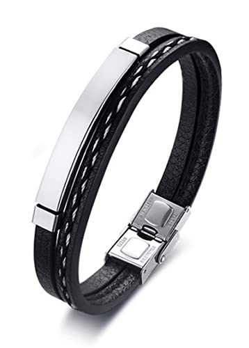 Armbänder Herren Edelstahl, Armband Männer Leder Silber Hundemarke Modeschmuck Armband 19.5X0.5CM von SKCESS