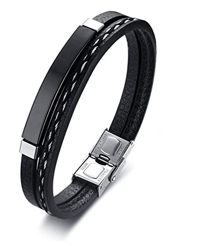 SKCESS Armband Edelstahl, Bracelet Men Leder Schwarz Hundemarke Armbänder Herren Druckknopf-Schließe 19.5X0.5CM von Skcess