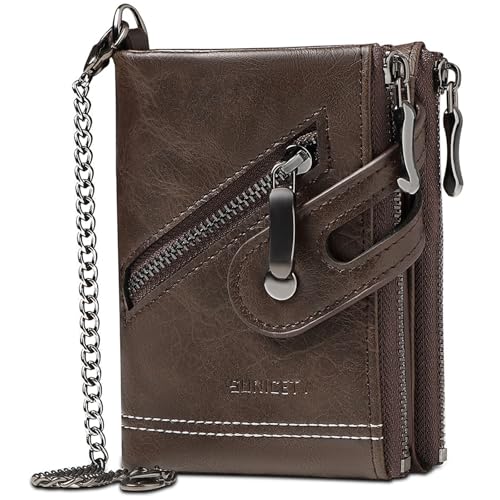 Geldbörse Herren RFID Schutz Männer Ledergeldbeutel mit Doppelter Kette Herren Geldbeutel mit Münzfach Reißverschluss Portemonnaie 14 Kartenfächern Männer Portmonee Brieftasche (Kaffee) von SKDFHOD