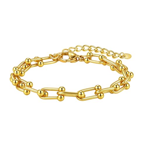 18K vergoldete Chunky Kette Armbänder für Frauen und Männer W: 8mm, L: 6,89 + 1,97 Zoll, glatte Oberfläche Gold Aussage abgeschlossen Link Kette Armband Bold Oval Link Barbell Links Paperclip Ketten von SKENUDY
