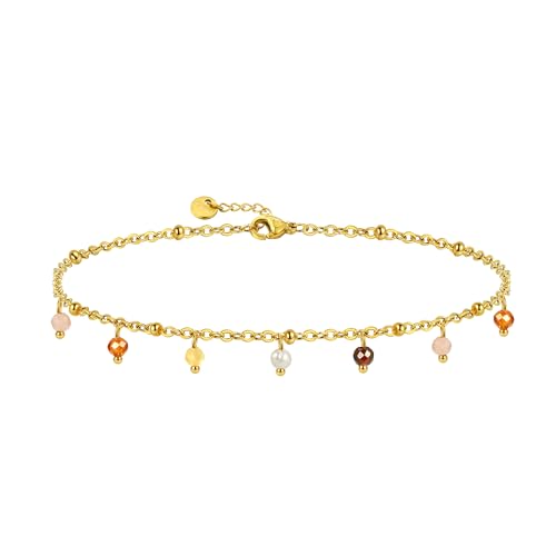Naturstein Armband für Frauen 14K vergoldet wasserdicht Dainty bunte Perlen Charme zart niedlich Sommer Boho Strand Armband Schmuck Geschenk Schwester, beste Freundin, Geburtstag (bunt 01) von SKENUDY
