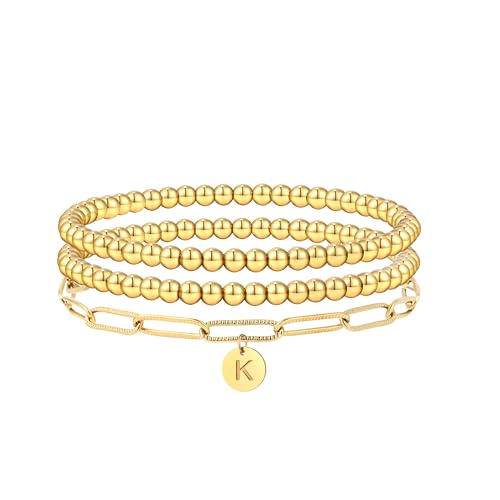14K Gold plated Stapelbar Initial K Perlen Armband für Frauen mit Buchstaben Anhänger Stretch Trendy Stack Schmuck Set für Valentinstag Schmuck Geschenke von SKENUDY