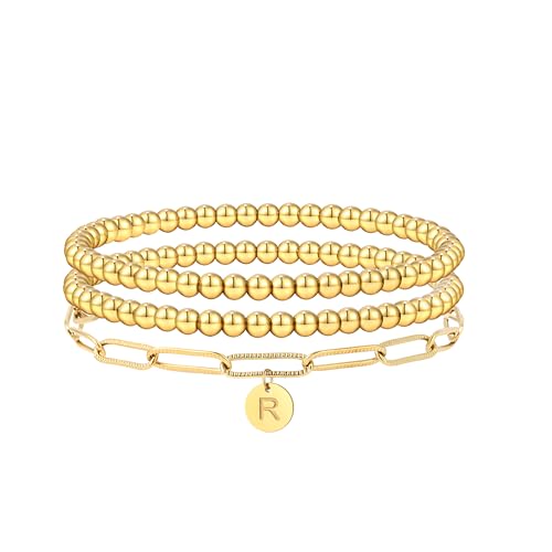 14K Gold plated Stapelbar Initial R Perlen Armband für Frauen mit Buchstaben Anhänger Stretch Trendy Stack Schmuck Set für Valentinstag Schmuck Geschenke von SKENUDY
