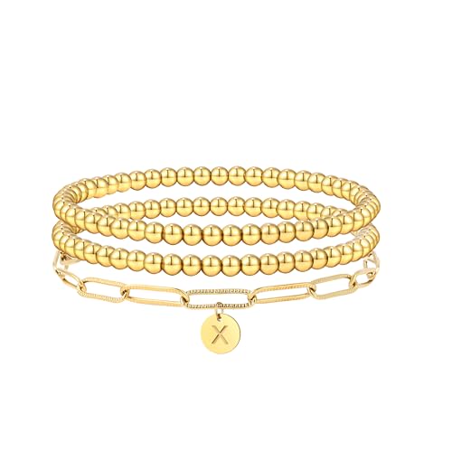 14K Gold plated Stapelbar Initial X Perlen Armband für Frauen mit Buchstaben Anhänger Stretch Trendy Stack Schmuck Set für Valentinstag Schmuck Geschenke von SKENUDY