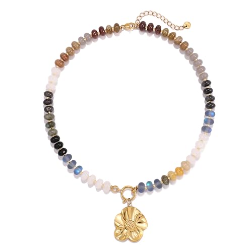 SKENUDY Bunte Perlen-Halskette mit Regenbogensteinen für Damen, Regenbogen-Halskette mit natürlichen Edelsteinen, Boho-Surfer-Strand-Halsketten, Sommerschmuck, Edelstahl, Kein Edelstein von SKENUDY