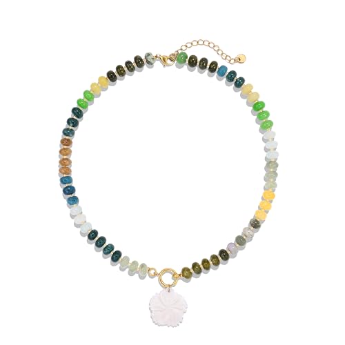 SKENUDY Bunte Perlen-Halskette mit Regenbogensteinen für Damen, Regenbogen-Halskette mit natürlichen Edelsteinen, Boho-Surfer-Strand-Halsketten, Sommerschmuck, Edelstahl, Kein Edelstein von SKENUDY
