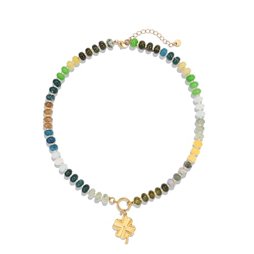 SKENUDY Bunte Perlen-Halskette mit Regenbogensteinen für Damen, Regenbogen-Halskette mit natürlichen Edelsteinen, Boho-Surfer-Strand-Halsketten, Sommerschmuck, Edelstahl, Kein Edelstein von SKENUDY