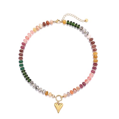 SKENUDY Bunte Perlen-Halskette mit Regenbogensteinen für Damen, Regenbogen-Halskette mit natürlichen Edelsteinen, Boho-Surfer-Strand-Halsketten, Sommerschmuck, Edelstahl, Kein Edelstein von SKENUDY