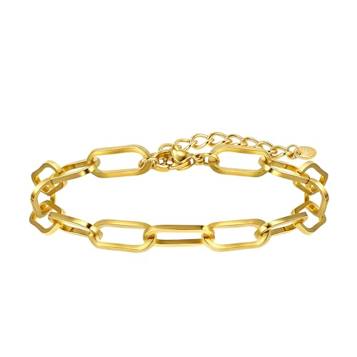 Gold Armbänder für Frauen, Dainty 18K Gold Plated Stack Trendy Stapelbar Wasserdicht Chunky Paperclip Oval Kette Armbänder Körper Schmuck Geschenke für Frauen von SKENUDY