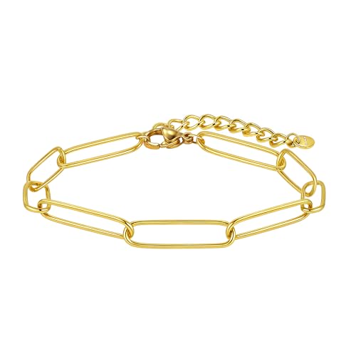 Gold Armbänder für Frauen, Dainty 18K Gold Plated Stack Trendy Stapelbarer Wasserdichter Paperclip Oval Kette Armbänder Körper Schmuck Geschenke für Frauen von SKENUDY