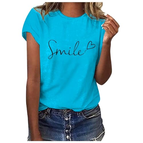 Damen-T-Shirt | Rundhals T Shirt Sommer Kurzarm Shirts Mit Smile Briefdruck Lose T-Shirts Für Damen Lässig Tops Locker Pullover (Z012 Himmelblau, S) von SKFLABOOF