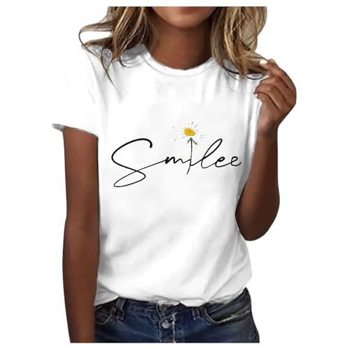 Damen-T-Shirt | Sommer Kurzarm T-Shirt mit Smile & Sonnenblume Blumenmuster Schlicht Lässig Lockere Passform Blusen Rundhals Tshirt Oberteile Clean Girl Aesthetic (001a_Weiß, XL) F von SKFLABOOF