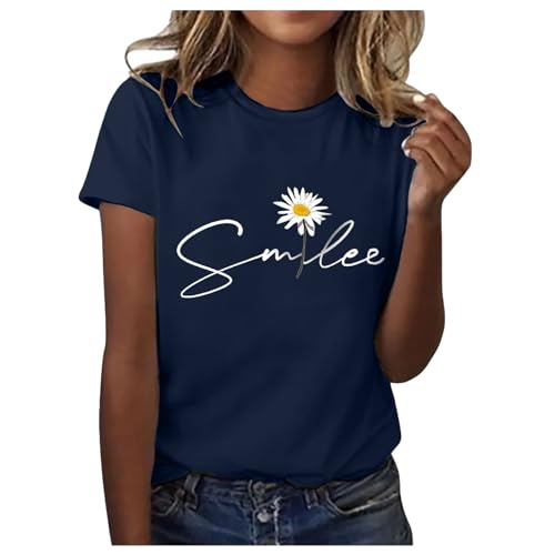 Damen-T-Shirt | Sommer Kurzarm T-Shirt mit Smile & Sonnenblume Blumenmuster Schlicht Lässig Lockere Passform Blusen Rundhals Tshirt Oberteile Clean Girl Aesthetic (004d_Dunkelblau, S) F von SKFLABOOF