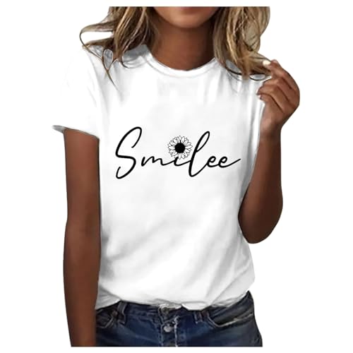 Damen-T-Shirt | Sommer Kurzarm T-Shirt mit Smile & Sonnenblume Blumenmuster Schlicht Lässig Lockere Passform Blusen Rundhals Tshirt Oberteile Clean Girl Aesthetic (009i_Weiß, XL) F von SKFLABOOF