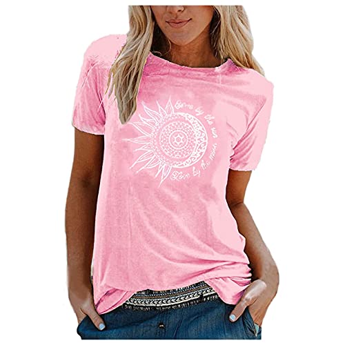 Damen Tshirt - Tops Damen Sommer Teenager Mädchen Lässig Sonne und Mond Tshirt Shirts T Shirt Mit Aufdruck Kurzarm T Schirt Oberteile Oversized Italienische Mode T-Shirt Pullover Damenshirts von SKFLABOOF