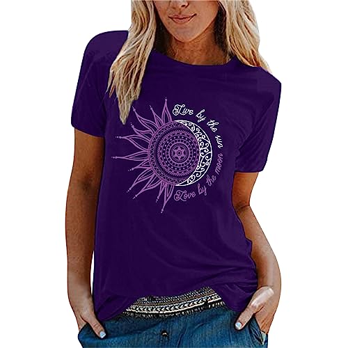 Damen Tshirt - Tops Damen Sommer Teenager Mädchen Lässig Sonne und Mond Tshirt Shirts T Shirt Mit Aufdruck Kurzarm T Schirt Oberteile Oversized Italienische Mode T-Shirt Pullover Damenshirts von SKFLABOOF