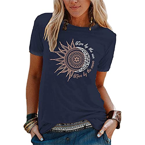 Damen Tshirt - Tops Damen Sommer Teenager Mädchen Lässig Sonne und Mond Tshirt Shirts T Shirt Mit Aufdruck Kurzarm T Schirt Oberteile Oversized Italienische Mode T-Shirt Pullover Damenshirts von SKFLABOOF