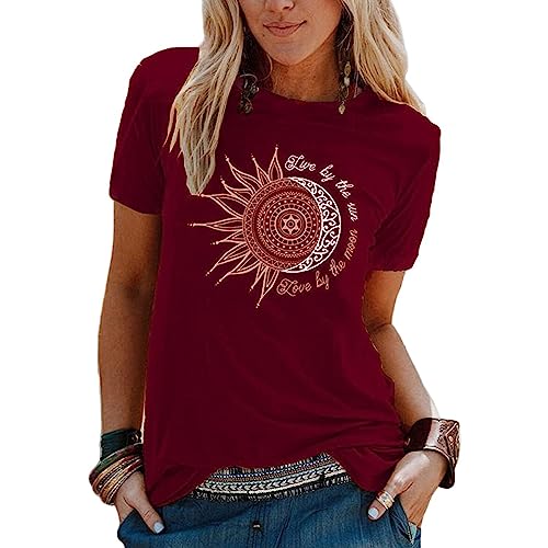 Damen Tshirt - Tops Damen Sommer Teenager Mädchen Lässig Sonne und Mond Tshirt Shirts T Shirt Mit Aufdruck Kurzarm T Schirt Oberteile Oversized Italienische Mode T-Shirt Pullover Damenshirts von SKFLABOOF