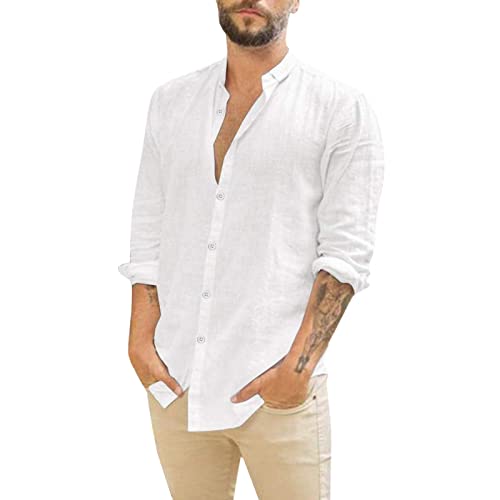 Hemd Herren Langarm Langarm Blanc Du Nil Seidenhemd Leinenshirt Leinenhemd Sommer Weiß Slim Fit Shirt Hemden Leinen Leichtes Sommerhemd Hemd Hawai Stehkragenhemd 4XL Slim Fit Baumwollhemd von SKFLABOOF