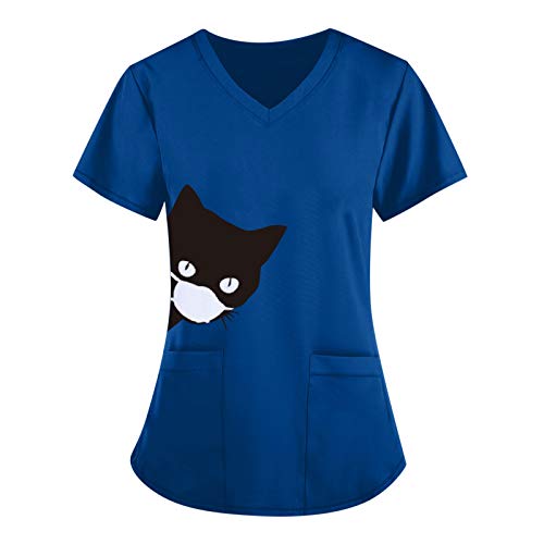 Katze T Shirt Damen V Ausschnitt T-Shirts Kragen Unregelmäßiger Uniform Kurzarm Kasackdamenpflegegünstig Schlupfhemd Tshirt Einfarbig Sommer Bluse Shirts Pullover von SKFLABOOF