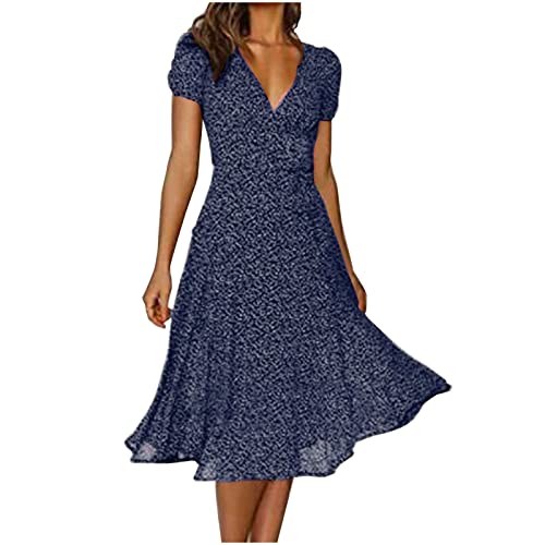 Kleid Damen,Sommerkleider Damen Lang Knielang Elegant A-Linie Kleid Midikleid Dress Kurzarm V-Ausschnitt Blumendruck Partykleid Freizeitkleid Strandkleider von SKFLABOOF