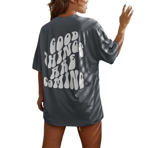 Lässige Oversize Shirt | Kurzarm Pullover Damen Blusen Sport Aesthetic Baggy Tshirt Lang Summer Tops Coole Sachen Shirts für Teenager Mädchen Shirts mit Backprint (W_Dunkelgrau, S) von SKFLABOOF