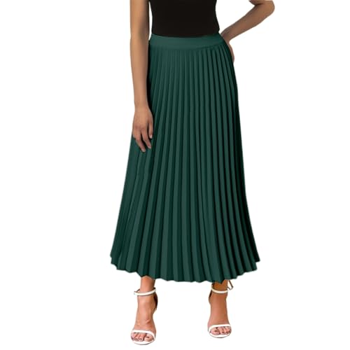 Lang Rock Damen Sommer Plisseerock Elegant Chiffon Sommerrock Faltenrock High Waist Strandrock Midi Dunkelgrün L von SKFLABOOF