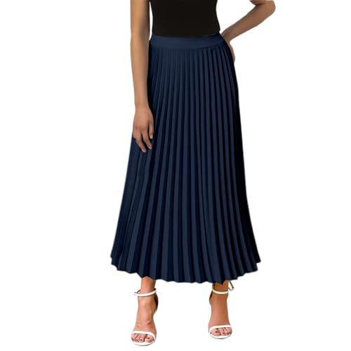 Lang Rock Damen Sommer Plisseerock Elegant Chiffon Sommerrock Faltenrock High Waist Strandrock Midi Marine M von SKFLABOOF