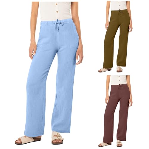 Leichte Dünne Sommerhose Damen - Sommerhosen Leicht Und Luftig Schlupfhose Stoffhose 7/8 Plissee Musselin Hose Schlabberhose Strandhose Damen 3/4 Schlupfhose Sommer Lang 001 Sh_Himmelblau, M von SKFLABOOF