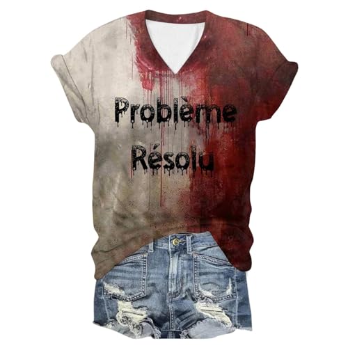 Problem Gelöst Print T Shirt Halloween Kostüm Blutiges Kurzarm T-Shirt Festival Lustige Bloody Pullover Damen Gruselig V Ausschnitt Oberteil 001a Kaffee, XXL von SKFLABOOF