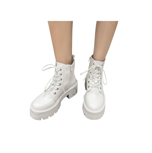 SKFLABOOF Boots Damen - Ankle Stiefeletten Leder Winterboots Plateau Stiefel Dicke Waden Schuhe Damenstiefeletten Elegant Herbstschuhe 005b Weiß, 40 EU von SKFLABOOF