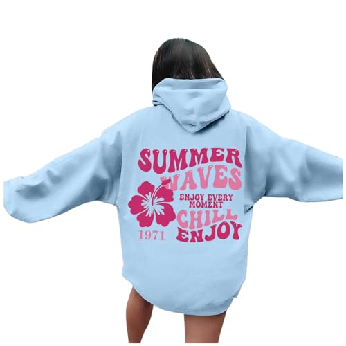 SKFLABOOF Damen Hoodie mit Kapuze - Blumen & Buchstaben Druck Oversize Kapuzenpullover Couple Gym Teenager Pullover Mädchen Streetwear Oberteile Tops Shirt A001-Blau L von SKFLABOOF
