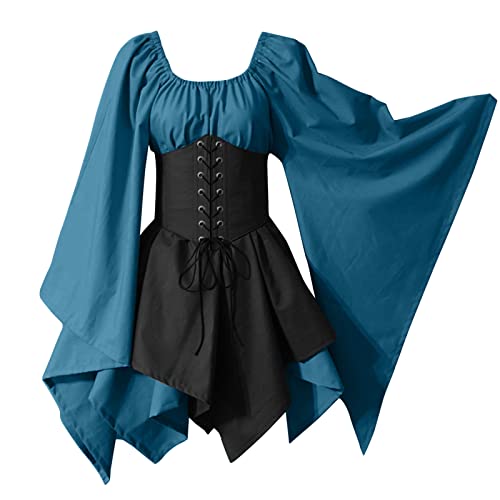 SKFLABOOF Damen Kleidung - Mittelalter Kleid Damen Kurzarm Große Größen Lang Wikinger Brautkleid Dress One-Shoulder Pailletten Leinen Korsett Bluse Mulan LARP Shirtkleid Hochzeitskleid Corsage von SKFLABOOF