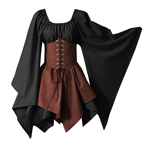 SKFLABOOF Damen Kleidung - Mittelalter Kleid Kurzarm Große Größen Lang Wikinger Brautkleid Dress One-Shoulder Pailletten Leinen Korsett Bluse Mulan LARP Shirtkleid Hochzeitskleid Corsage von SKFLABOOF