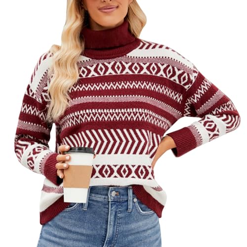 SKFLABOOF Damen Pullover Moderne Oversized Strickpullover Basics Rollkragenpullover Baumwolle Festliche Weicher Plus Size Feinstrickpullover Norweger Sexy Merinowolle Warme Baumwoll Zopfpullover von SKFLABOOF