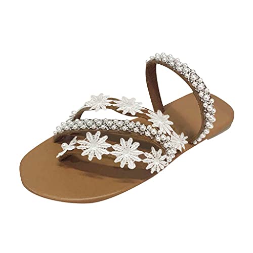 SKFLABOOF Damen Sandalen Sommer Boho Blumen-Perlen Riemchen Flip-Flops Open-Toe Riemchensandalen Lässig Elegante Vintage Sandaletten Sommersandaletten Casual Komfort Sandaletten von SKFLABOOF