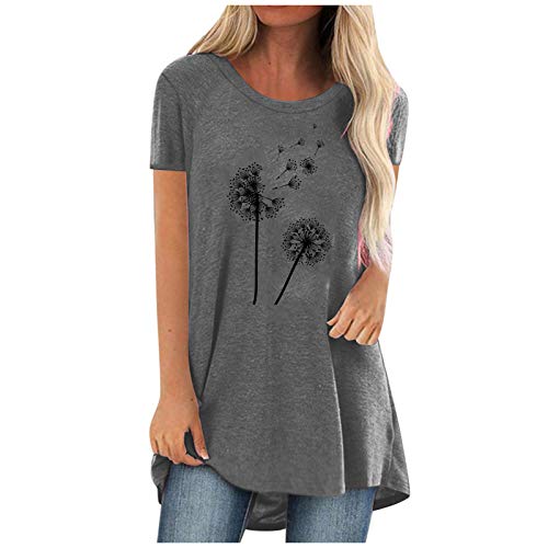 SKFLABOOF Damenmode Kurzarm T-Shirt Tunika Damen Sommer Longshirt Pusteblume Blume Katze Bedruckte Tshirts Rundhals Tops Oberteile Lässig Langtop von SKFLABOOF