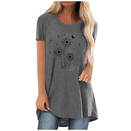 SKFLABOOF Damenmode Kurzarm T-Shirt Tunika Damen Sommer Longshirt Pusteblume Blume Katze Bedruckte Tshirts Rundhals Tops Oberteile Lässig Langtop von SKFLABOOF