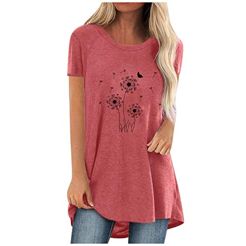 SKFLABOOF Damenmode Kurzarm T-Shirt Tunika Damen Sommer Longshirt Pusteblume Blume Katze Bedruckte Tshirts Rundhals Tops Oberteile Lässig Langtop von SKFLABOOF